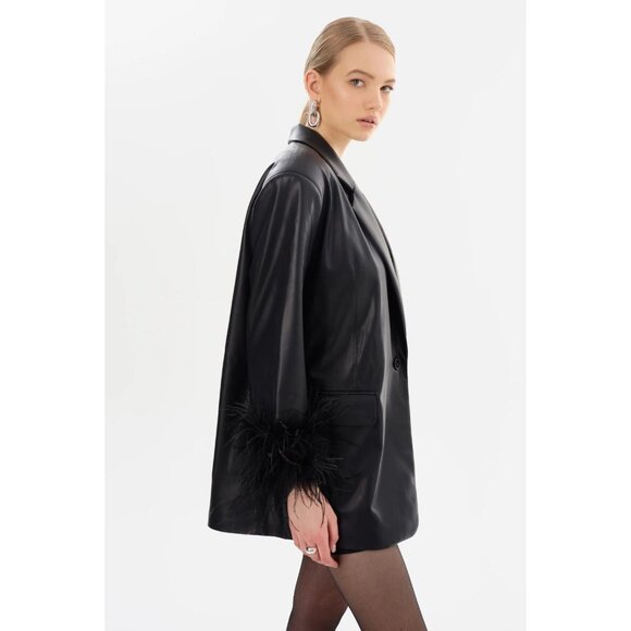 LAMARQUE Galia Black Faux Leather Feather Trim Oversized Blazer, Size XS/S - Picture 3 of 13